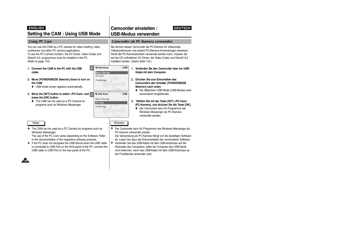 Samsung VP-M2050B/XEV manual Using PC Cam, Camcorder als PC-Kamera verwenden, Connect the CAM to the PC with the USB, Cable 