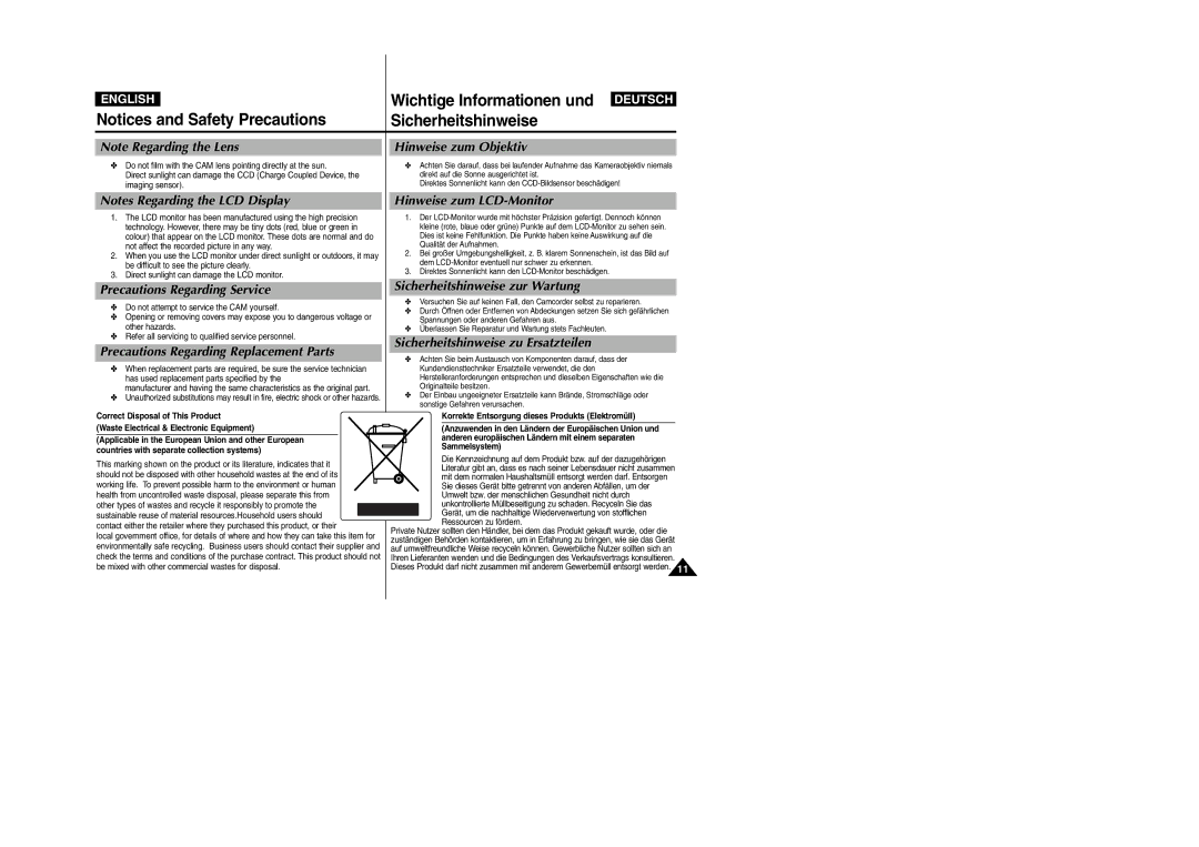 Samsung VP-M2100BMEM manual Hinweise zum Objektiv, Precautions Regarding Service, Precautions Regarding Replacement Parts 