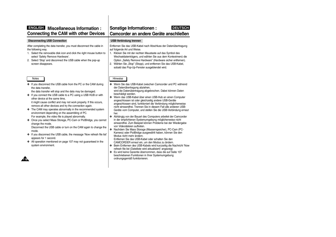 Samsung VP-M2050B/XEV, VP-M2100B/XET, VP-M2100BMEM, VP-M2050S/XEC, VP-M2100S/XEC, VP-M2100S/XEH 118, USB-Verbindung trennen 