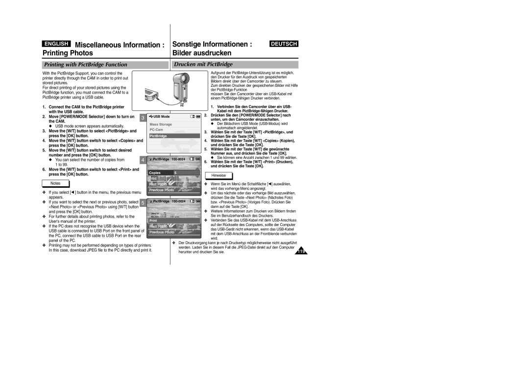 Samsung VP-M2100B/XEV manual Printing Photos Bilder ausdrucken, Printing with PictBridge Function Drucken mit PictBridge 