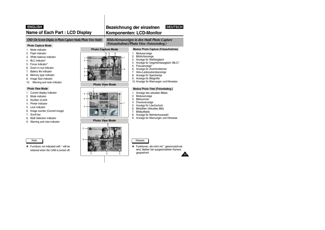 Samsung VP-M2050S/XEV, VP-M2100B/XET manual Modus Photo Capture Fotoaufnahme, Photo View Mode, Modus Photo View Fotowiederg 