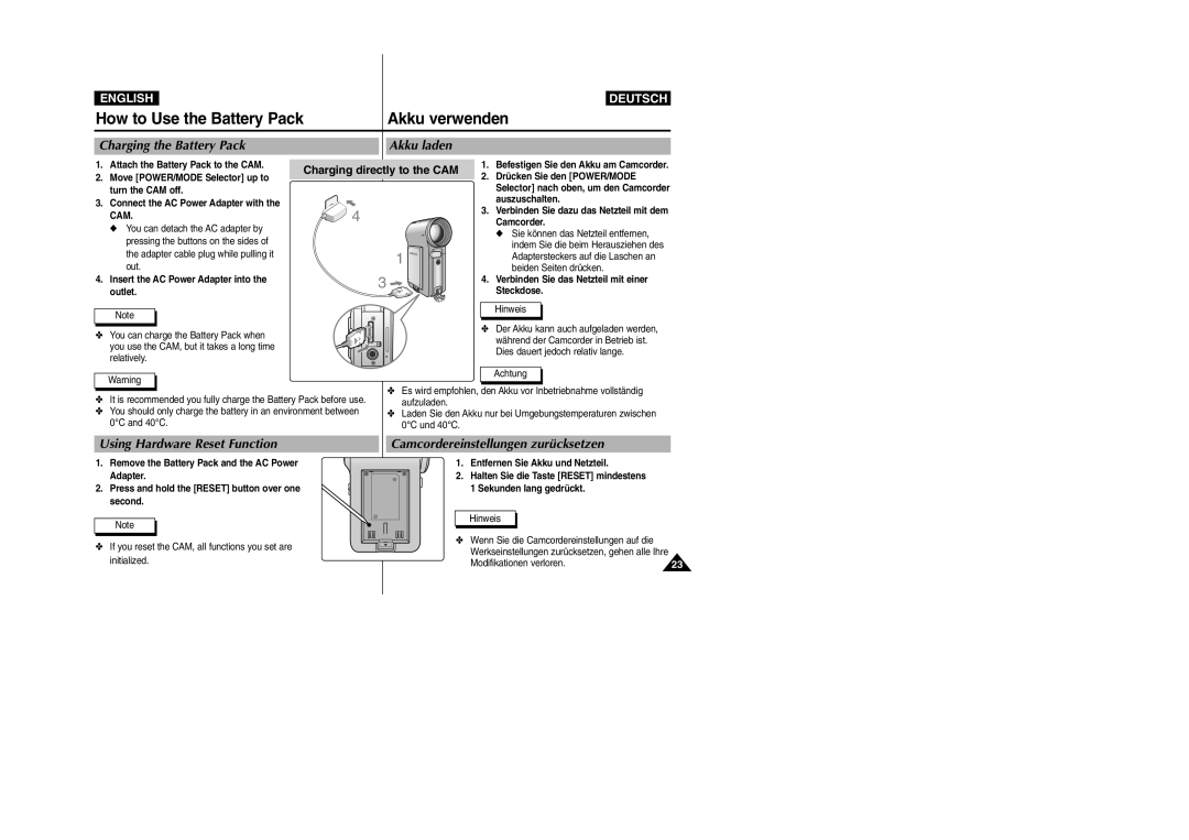 Samsung VP-M2100S/XEC, VP-M2100B/XET, VP-M2100BMEM manual Charging the Battery Pack Akku laden, Using Hardware Reset Function 