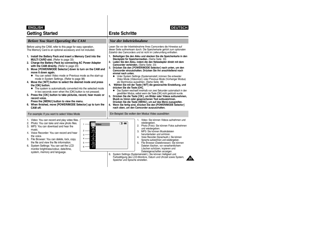 Samsung VP-M2100S/SED manual Getting Started Erste Schritte, Before You Start Operating the CAM, Vor der Inbetriebnahme 