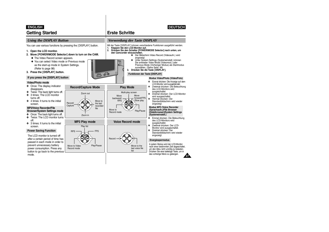 Samsung VP-M2050S/XEV manual Getting Started, Erste Schritte, Using the Display Button, Verwerdung der Taste Display 