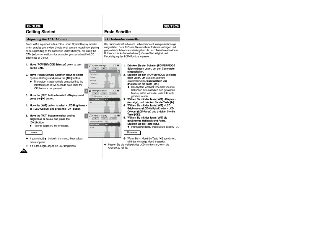 Samsung VP-M2050B/XEV, VP-M2100B/XET, VP-M2100BMEM, VP-M2050S/XEC manual Adjusting the LCD Monitor, LCD-Monitor einstellen 