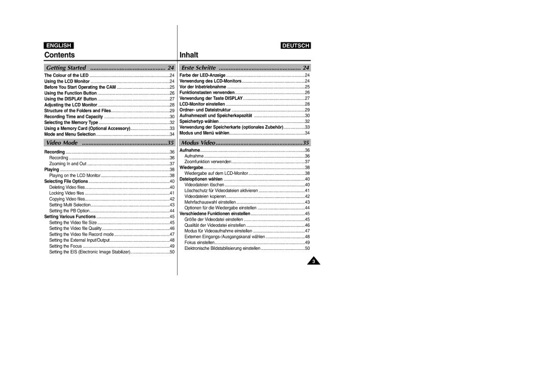 Samsung VP-M2100S/XEC, VP-M2100B/XET, VP-M2100BMEM, VP-M2050S/XEC, VP-M2100S/XEH, VP-M2100S/SED, VP-M2100S/XEV Contents Inhalt 