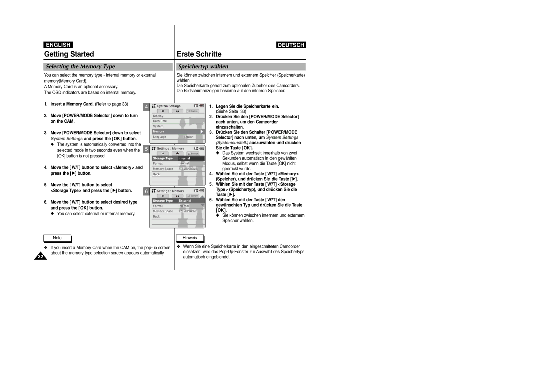 Samsung VP-M2050S/XEC, VP-M2100B/XET, VP-M2100BMEM, VP-M2100S/XEC manual Selecting the Memory Type, Speichertyp wählen 