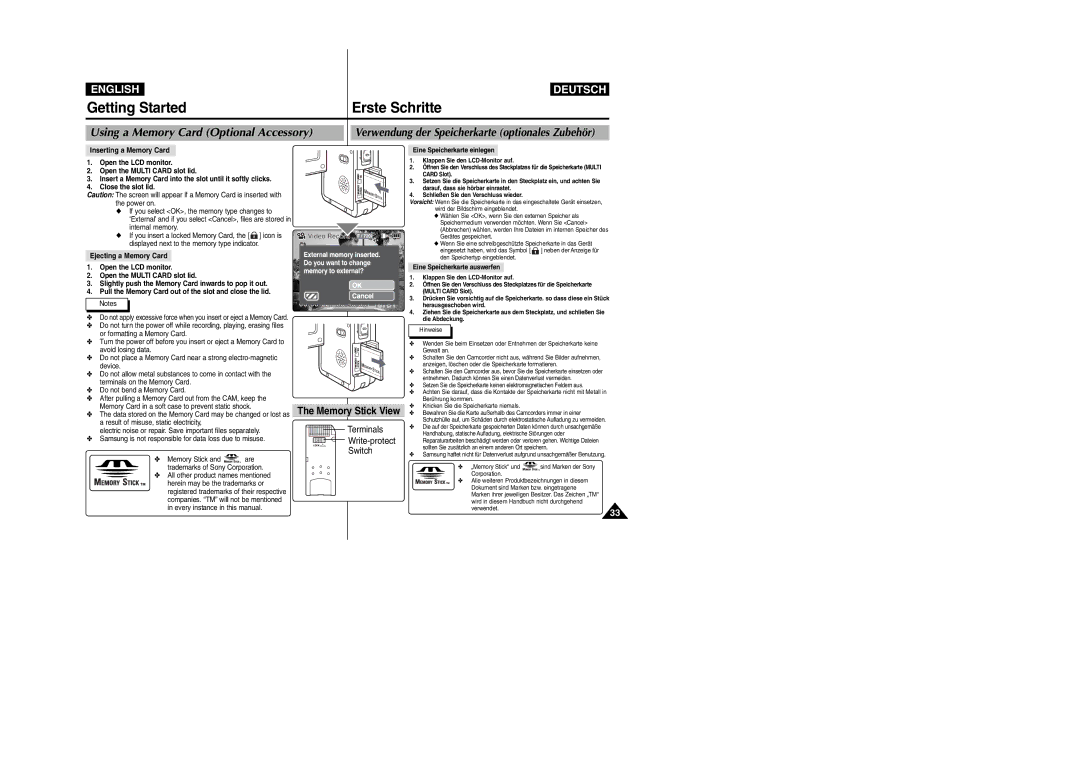 Samsung VP-M2100S/XEC, VP-M2100B/XET, VP-M2100BMEM Using a Memory Card Optional Accessory, Terminals Write-protect Switch 