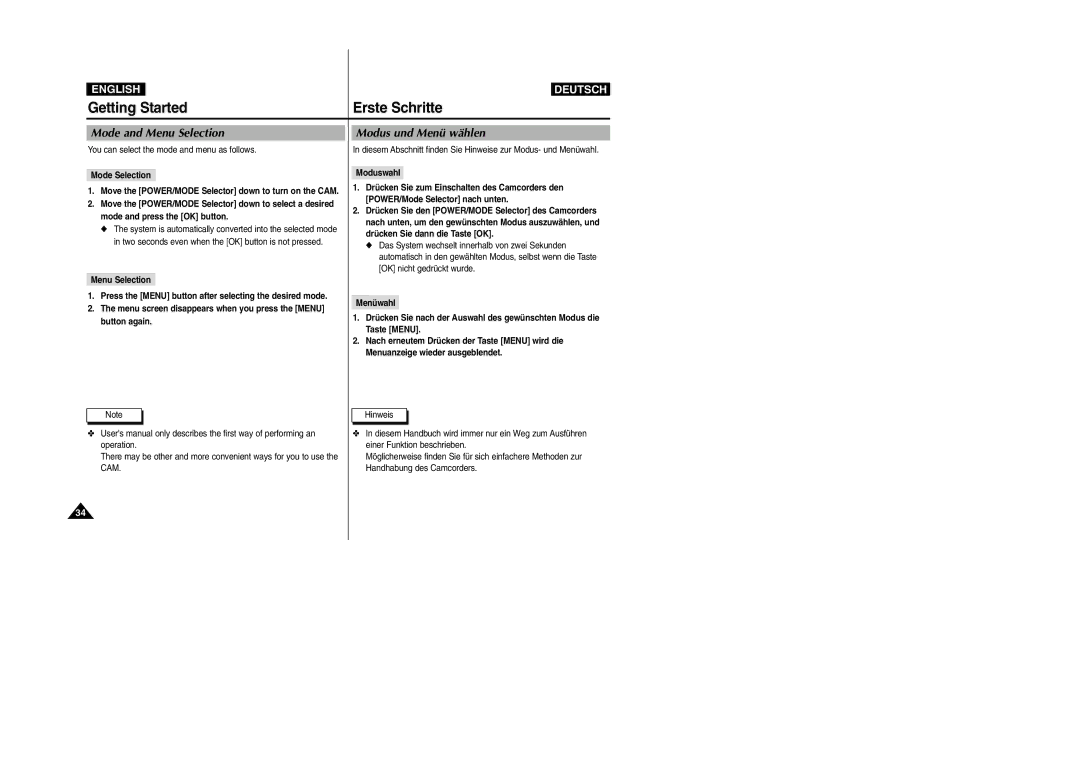 Samsung VP-M2100S/XEH manual Mode and Menu Selection, Modus und Menü wählen, You can select the mode and menu as follows 