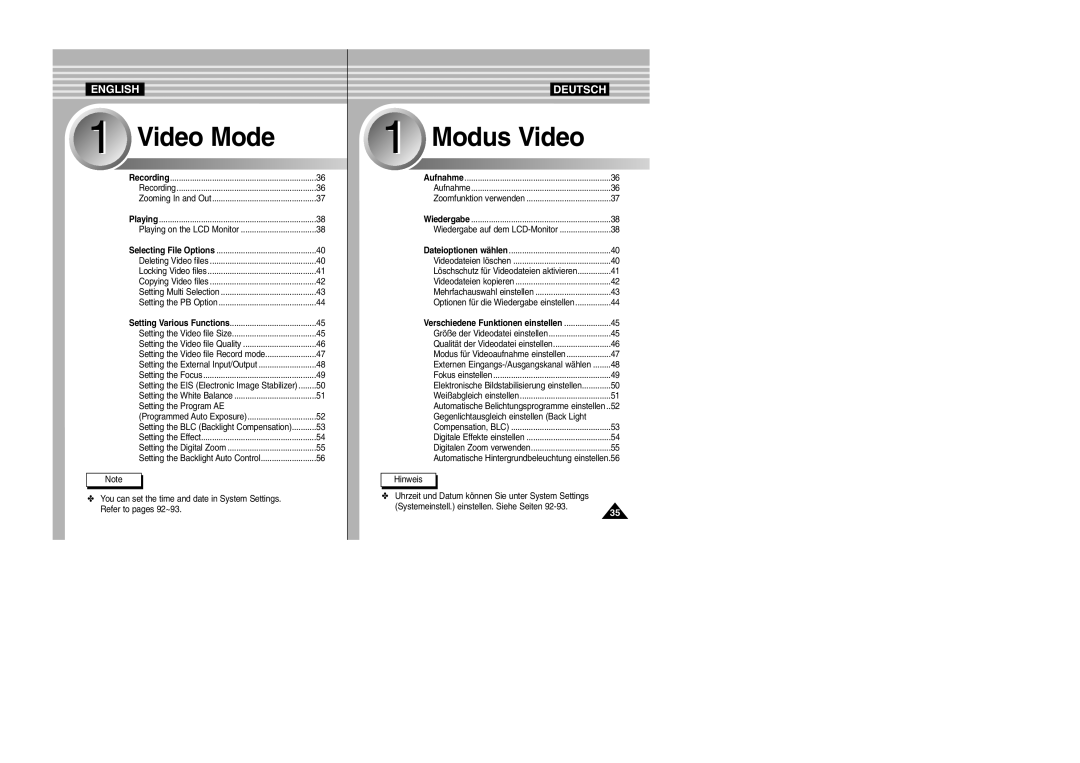 Samsung VP-M2100S/SED, VP-M2100B/XET, VP-M2100BMEM, VP-M2050S/XEC, VP-M2100S/XEC manual Verschiedene Funktionen einstellen 