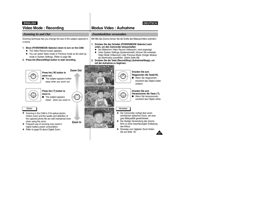 Samsung VP-M2050S/XEV, VP-M2100B/XET, VP-M2100BMEM, VP-M2050S/XEC, VP-M2100S/XEC Zooming In and Out, Zoomfunktion verwenden 