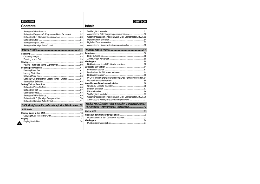 Samsung VP-M2100S/XEH, VP-M2100B/XET, VP-M2100BMEM, VP-M2050S/XEC, VP-M2100S/XEC, VP-M2100S/SED, VP-M2100S/XEV Contents Inhalt 