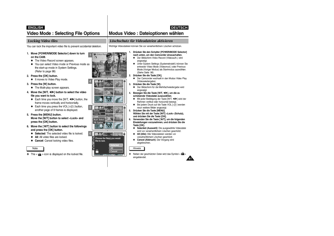 Samsung VP-M2100BMEM, VP-M2100B/XET Locking Video files Löschschutz für Videodateien aktivieren, File you want to lock 