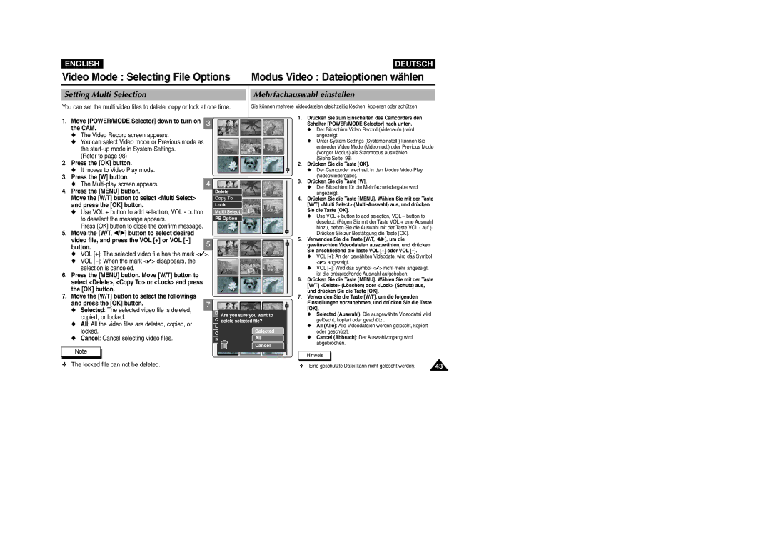 Samsung VP-M2100S/XEC manual Setting Multi Selection Mehrfachauswahl einstellen, Move the W/T, œ/√ button to select desired 