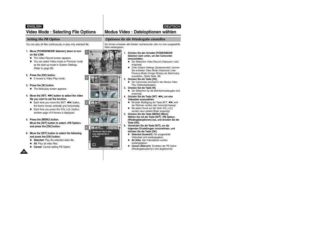 Samsung VP-M2100S/XEH, VP-M2100B/XET, VP-M2100BMEM manual Setting the PB Option Optionen für die Wiedergabe einstellen 