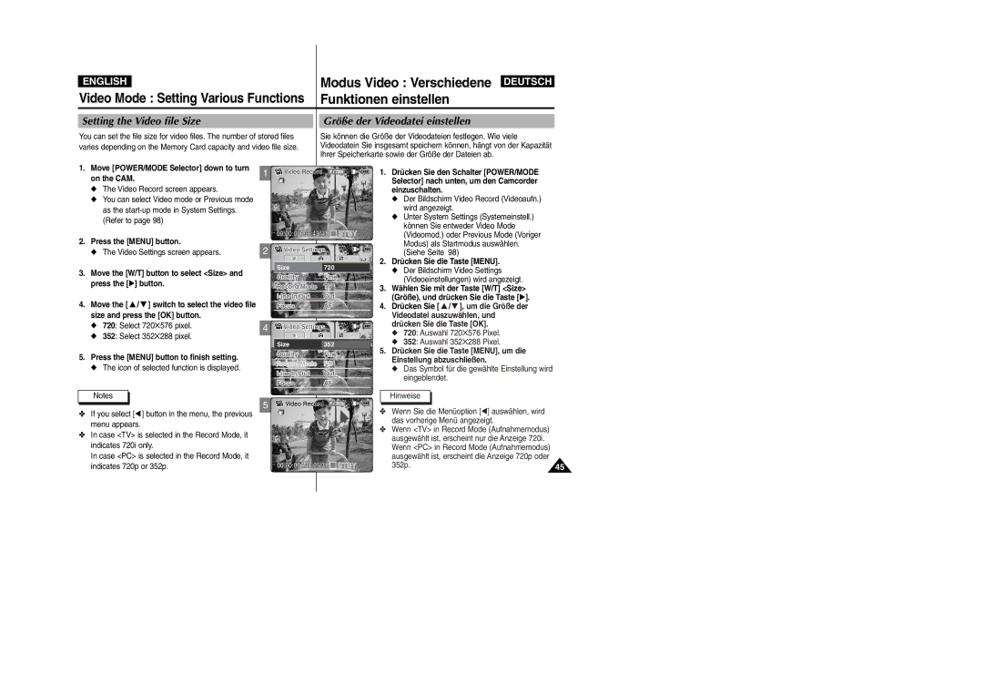 Samsung VP-M2100S/SED, VP-M2100B/XET Funktionen einstellen, Modus Video Verschiedene, Video Mode Setting Various Functions 