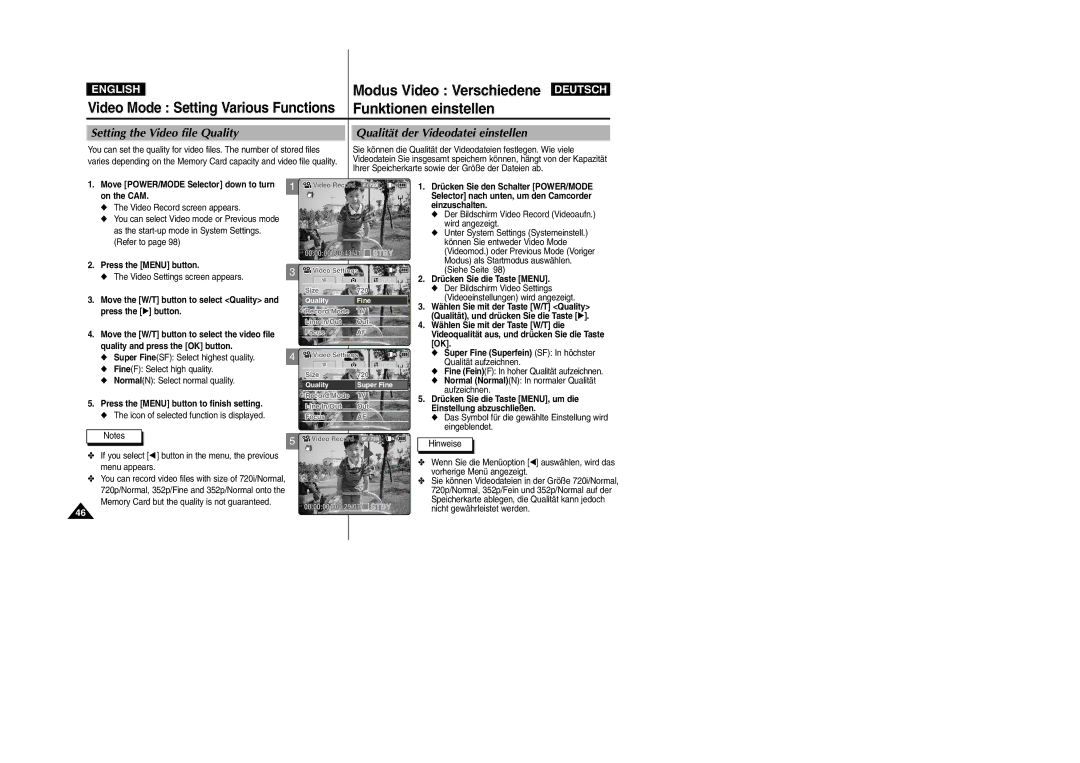 Samsung VP-M2100S/XEV, VP-M2100B/XET, VP-M2100BMEM manual Setting the Video file Quality, Qualität der Videodatei einstellen 