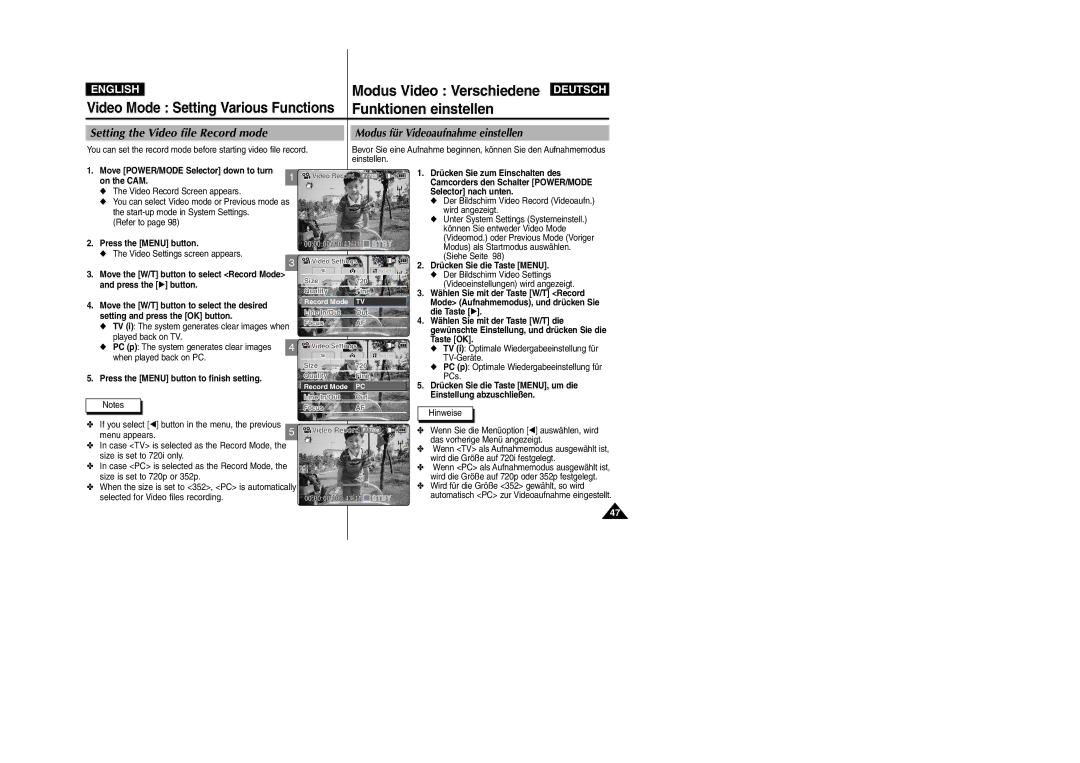 Samsung VP-M2050S/XEV Setting the Video file Record mode, Played back on TV, When played back on PC, Video Record F / 720p 