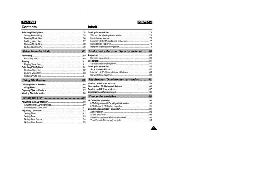 Samsung VP-M2100S/SED manual Voice Recorder Mode, Using File Browser, Setting the CAM, Modus Voice Recorder Sprachaufnahme 