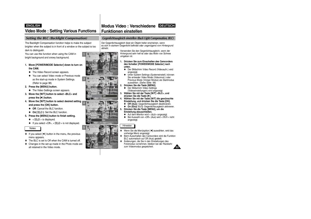 Samsung VP-M2100S/XEC manual Setting the BLC Backlight Compensation, Bright background and snowy background, Is displayed 