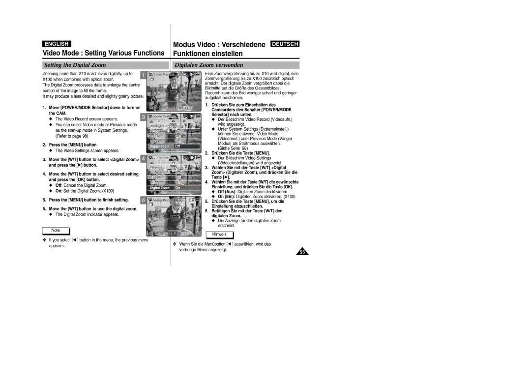Samsung VP-M2100S/SED manual Setting the Digital Zoom Digitalen Zoom verwenden, Cam, Wählen Sie mit der Taste W/T Digital 