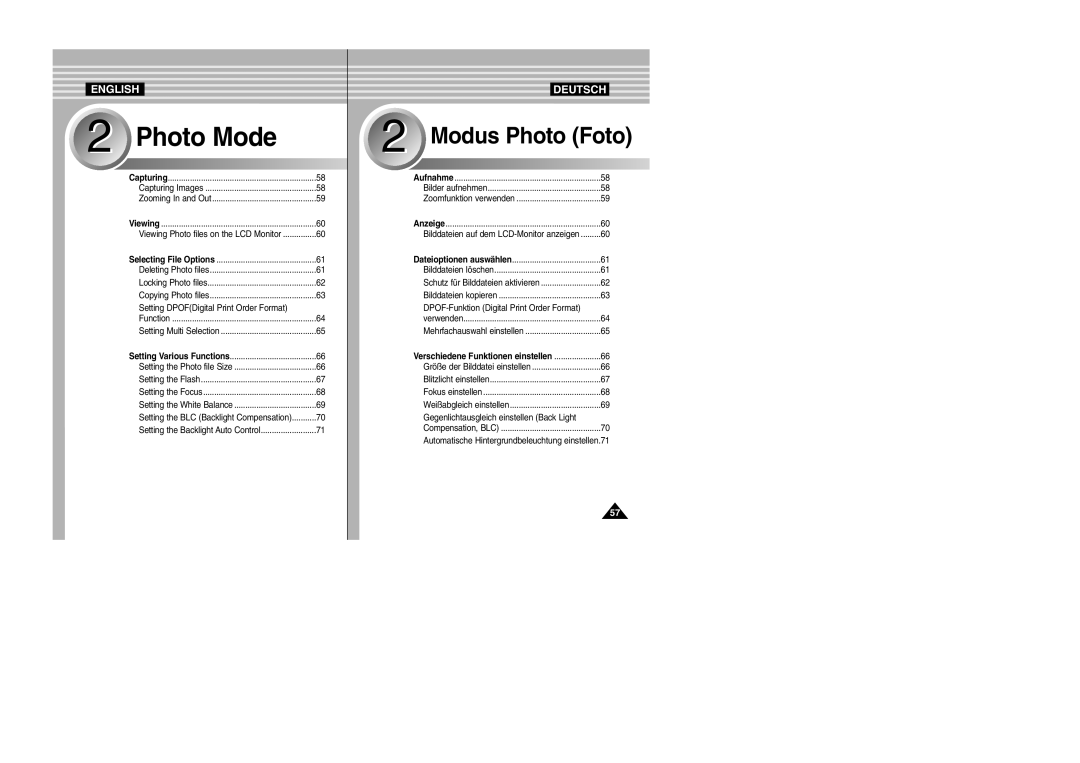 Samsung VP-M2050S/XEV, VP-M2100B/XET, VP-M2100BMEM, VP-M2050S/XEC manual Photo Mode, Verschiedene Funktionen einstellen 