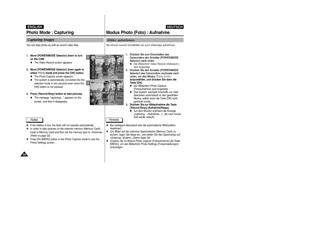 Samsung VP-M2050B/XEV, VP-M2100B/XET Photo Mode Capturing Modus Photo Foto Aufnahme, Capturing Images Bilder aufnehmen 