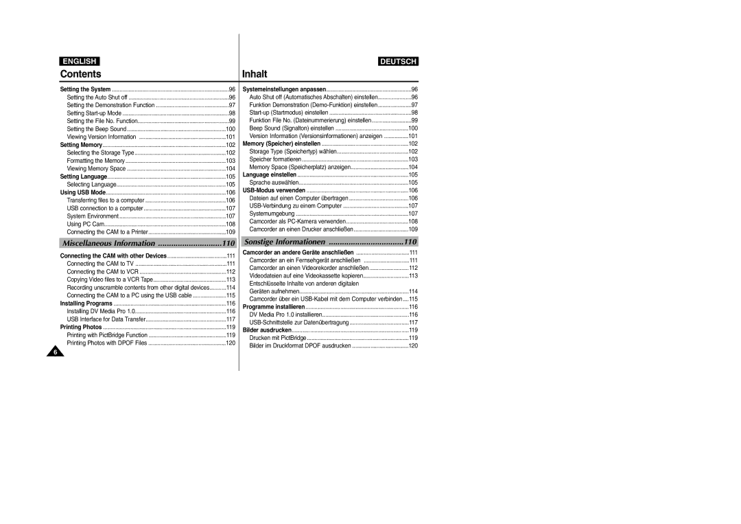 Samsung VP-M2100S/XEV, VP-M2100B/XET, VP-M2100BMEM, VP-M2050S/XEC manual Miscellaneous Information, Sonstige Informationen 