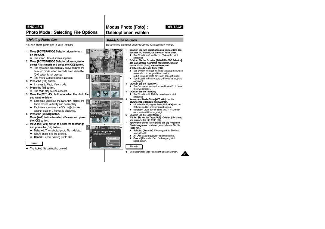 Samsung VP-M2100BMEM manual Modus Photo Foto, Photo Mode Selecting File Options, Dateioptionen wählen, Deleting Photo files 