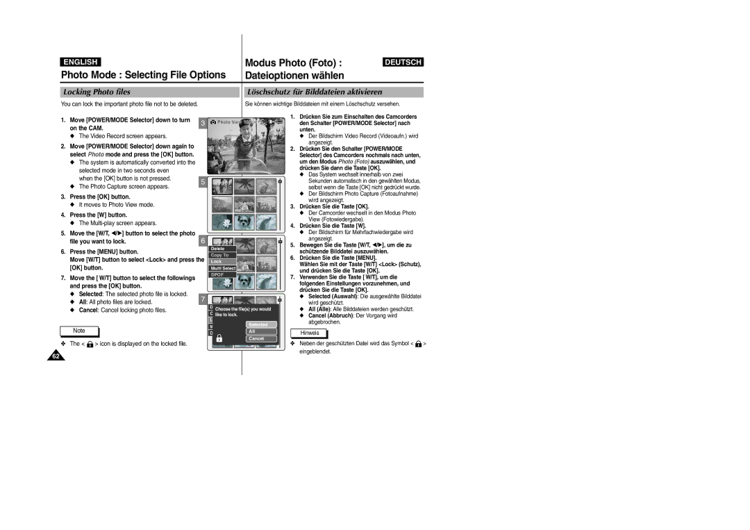 Samsung VP-M2050S/XEC, VP-M2100B/XET, VP-M2100BMEM, VP-M2100S/XEC Locking Photo files Löschschutz für Bilddateien aktivieren 