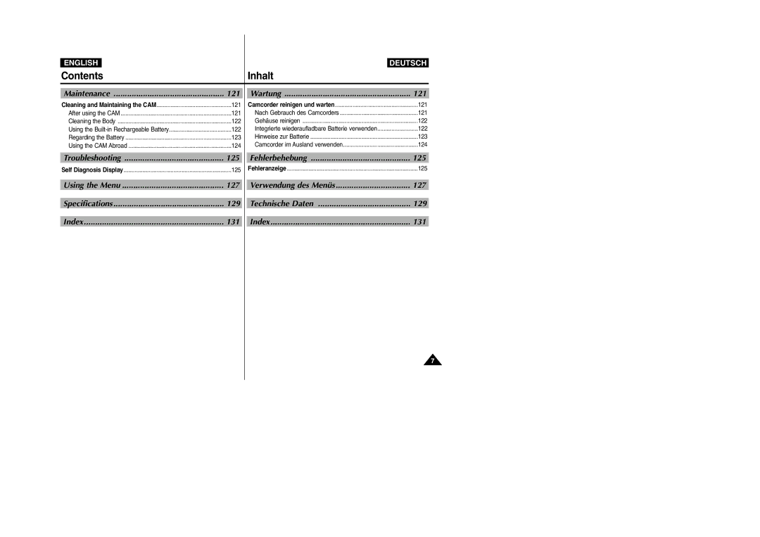 Samsung VP-M2050S/XEV manual Maintenance, Wartung, Troubleshooting, Fehlerbehebung, Using the Menu, Verwendung des Menüs 