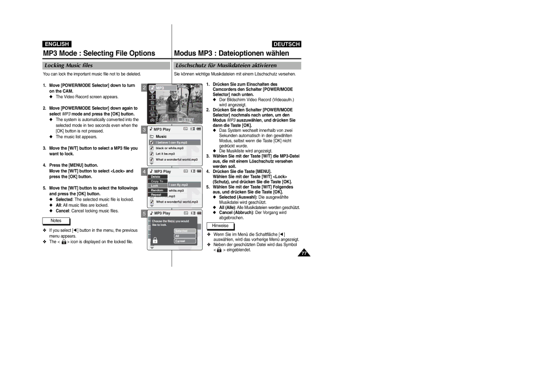 Samsung VP-M2050S/XEV, VP-M2100B/XET, VP-M2100BMEM manual Locking Music files Löschschutz für Musikdateien aktivieren 