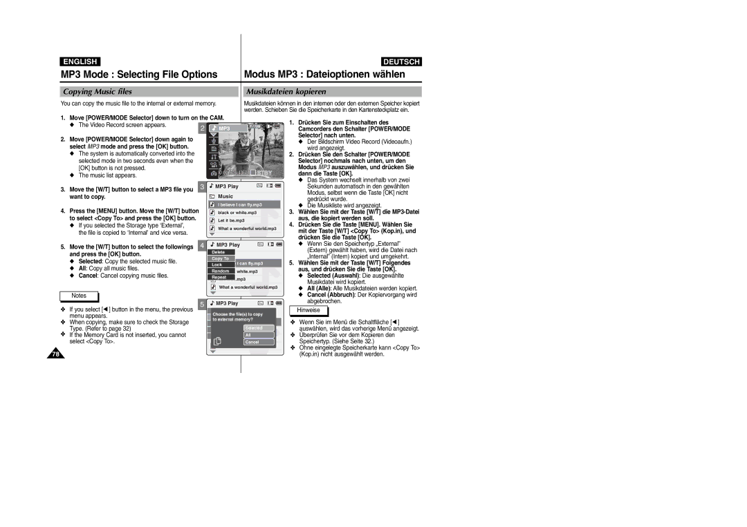 Samsung VP-M2050B/XEV, VP-M2100B/XET, VP-M2100BMEM, VP-M2050S/XEC, VP-M2100S/XEC Copying Music files Musikdateien kopieren 