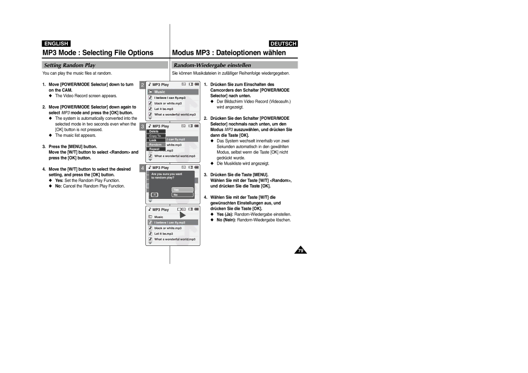 Samsung VP-M2100B/XEV, VP-M2100B/XET MP3 Mode Selecting File Options, Modus MP3 Dateioptionen wählen, Setting Random Play 