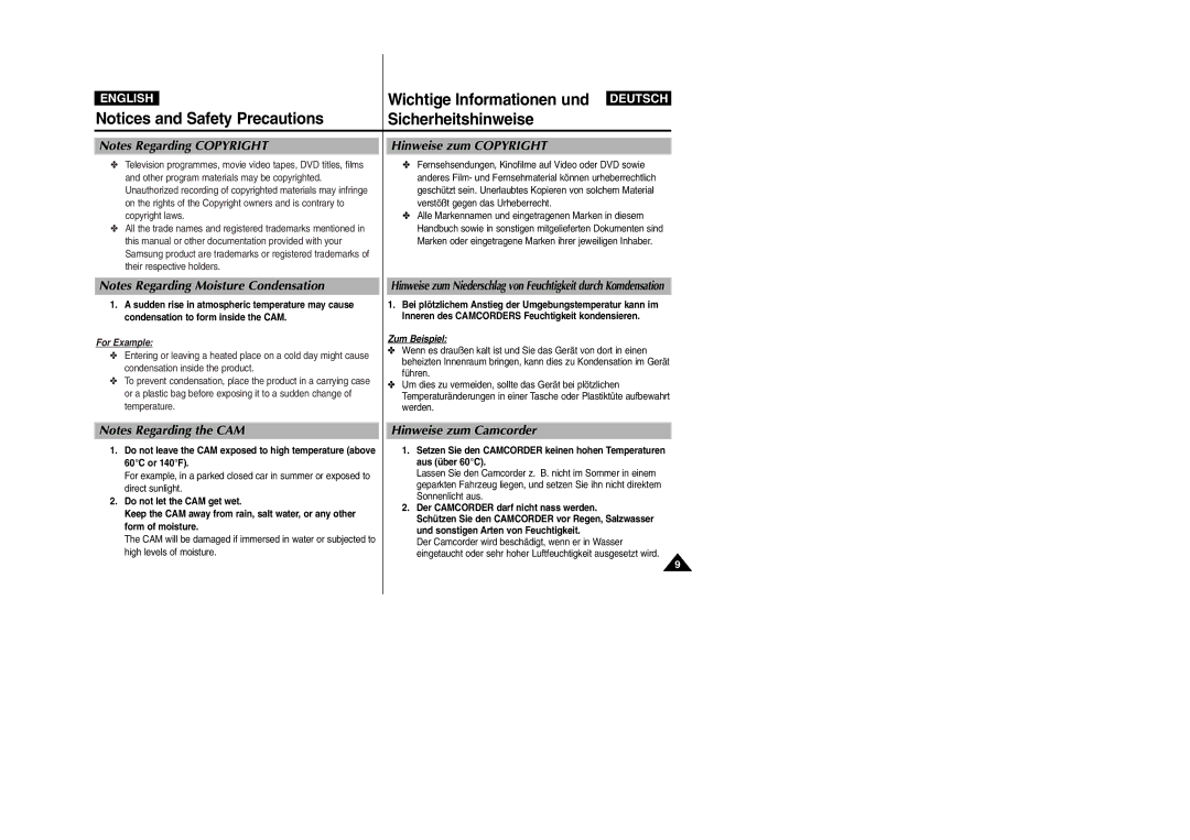 Samsung VP-M2100B/XEV, VP-M2100B/XET, VP-M2100BMEM, VP-M2050S/XEC manual Hinweise zum Copyright, Hinweise zum Camcorder 