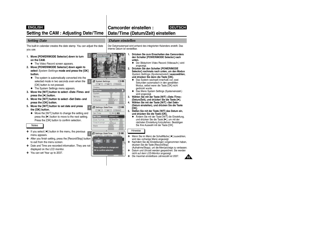 Samsung VP-M2100S/XEC manual Setting Date Datum einstellen, You use, After you finish setting, press the Record/Stop button 