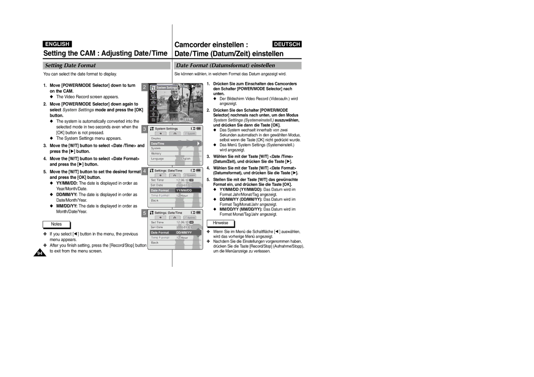 Samsung VP-M2100S/XEH Setting Date Format Date Format Datumsformat einstellen, You can select the date format to display 