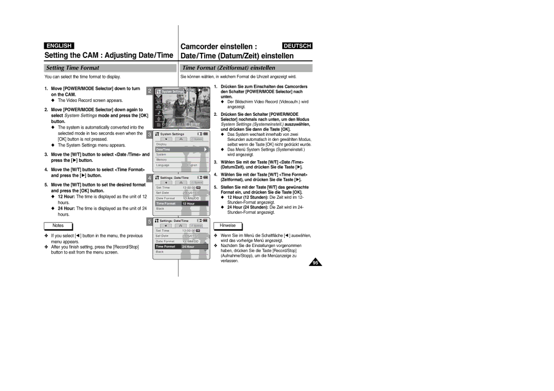 Samsung VP-M2100S/SED Setting Time Format Time Format Zeitformat einstellen, You can select the time format to display 