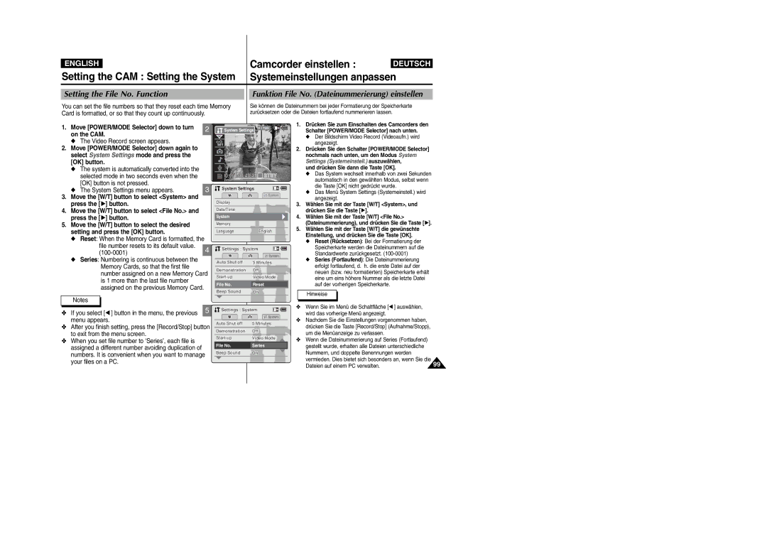 Samsung VP-M2100B/XEV manual Setting the File No. Function, Funktion File No. Dateinummerierung einstellen, 100-0001 