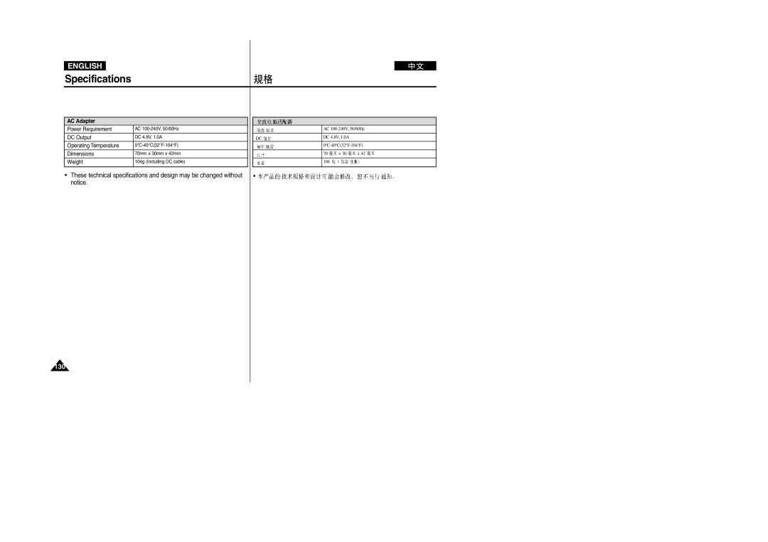 Samsung VP-M2100B/XET, VP-M2100BMEM, VP-M2050S/XEC, VP-M2100S/XEC, VP-M2100S/XEH, VP-M2100S/SED, VP-M2100S/XEV manual AC Adapter 