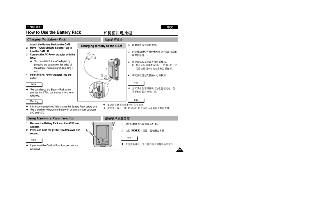 Samsung VP-M2100S/XEC, VP-M2100B/XET, VP-M2100BMEM Charging the Battery Pack, Using Hardware Reset Function, Initialized 