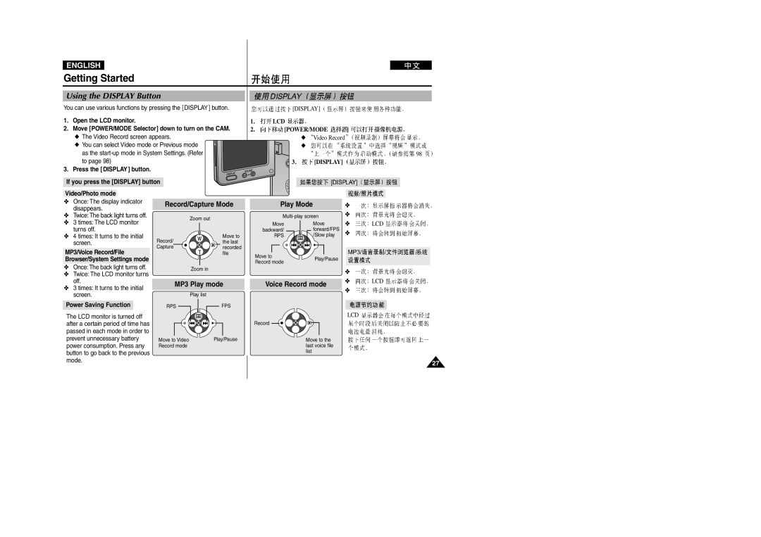 Samsung VP-M2050S/XEV, VP-M2100B/XET Using the Display Button, Record/Capture Mode, MP3/Voice Record/File, Lcd Power/Mode 