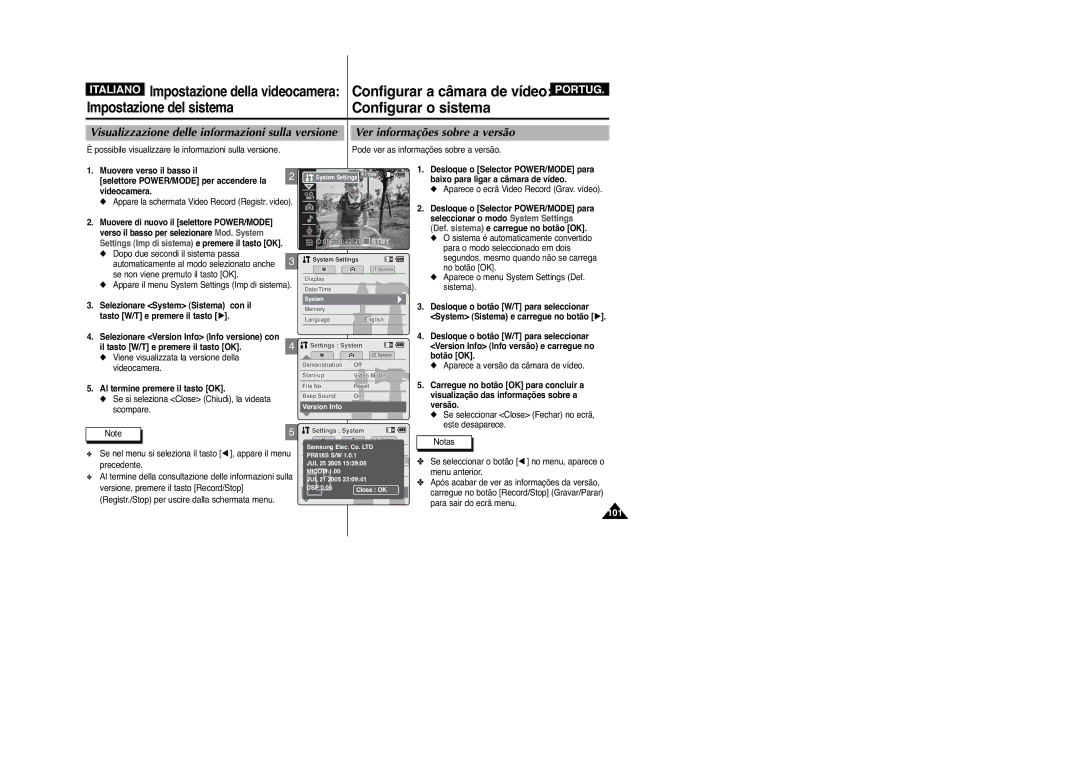 Samsung VP-M2100BMEM, VP-M2100B/XET manual Configurar o sistema, Ver informações sobre a versão 