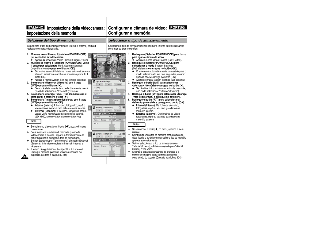 Samsung VP-M2100B/XET, VP-M2100BMEM manual Configurar a memória, Seleccionar o tipo de armazenamento 