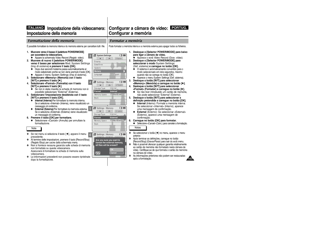 Samsung VP-M2100BMEM, VP-M2100B/XET Formattazione della memoria, Formatar a memória, Premere il tasto OK per formattare 