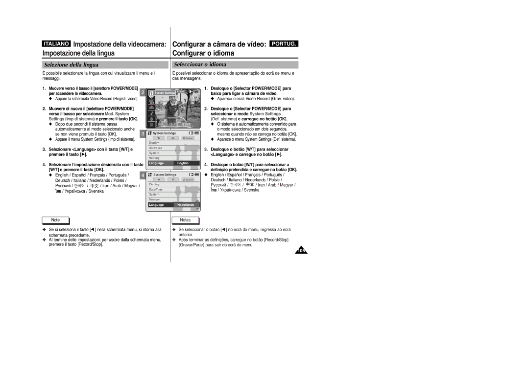 Samsung VP-M2100BMEM, VP-M2100B/XET manual Configurar o idioma, Selezione della lingua, Seleccionar o idioma 