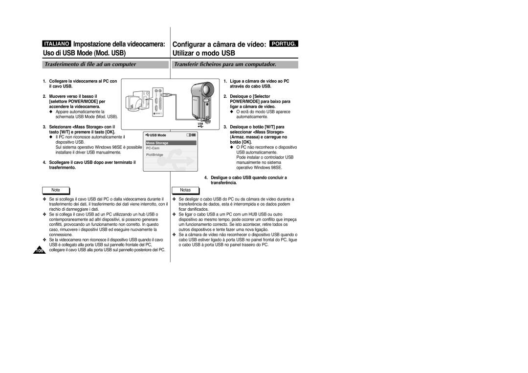 Samsung VP-M2100B/XET, VP-M2100BMEM Utilizar o modo USB, Uso di USB Mode Mod. USB, Trasferimento di file ad un computer 