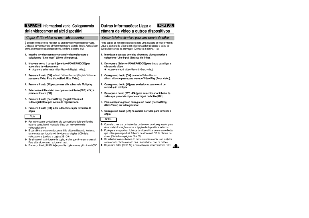 Samsung VP-M2100BMEM, VP-M2100B/XET manual Copia di file video su una videocassetta 