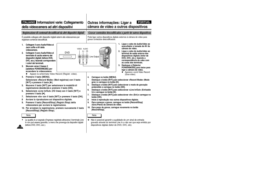 Samsung VP-M2100B/XET, VP-M2100BMEM Outras informações Ligar a, Italiano Informazioni varie Collegamento, Câmara de vídeo 