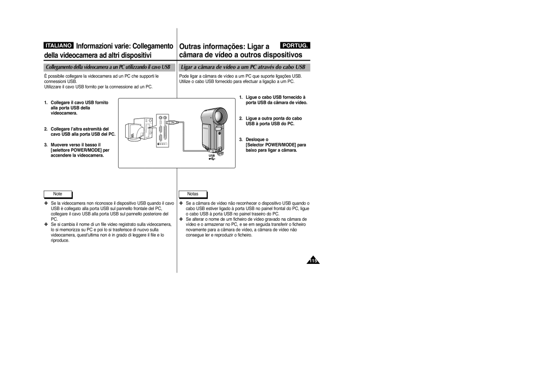 Samsung VP-M2100BMEM, VP-M2100B/XET manual Desloque o, Selector POWER/MODE para baixo para ligar a câmara 